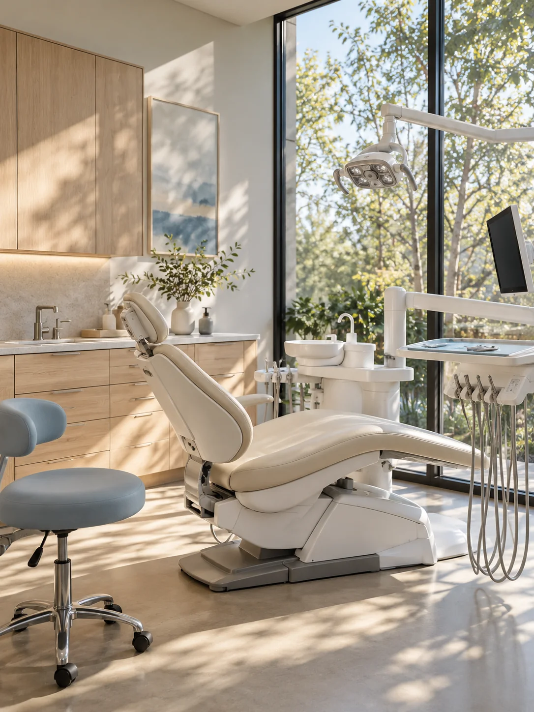 AI-assisted studio concept of a bright modern dental interior, with natural light and warm wood finishes