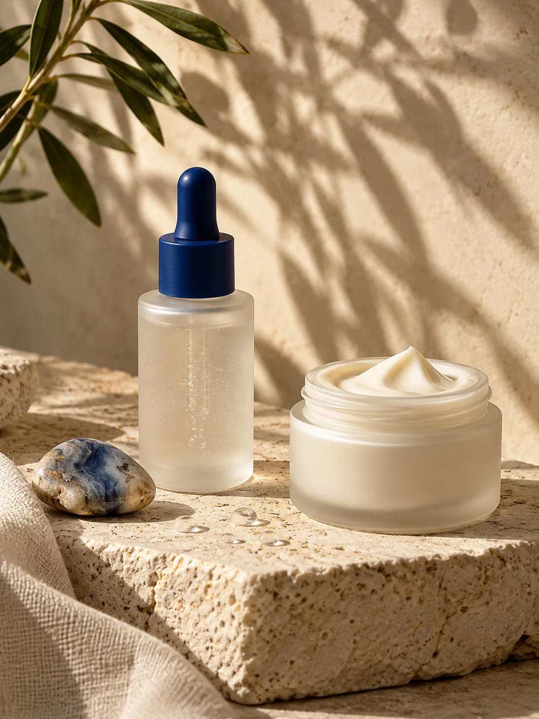Skincare bottles arranged with soft natural shadows and stone textures